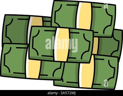 Eine Illustration im Zeichentrickstil mit mehreren Stapeln grüner Banknoten, die mit gelben Bändern gebunden sind und Wohlstand, Erfolg und finanzielle Stabilität symbolisieren Stock Vektor