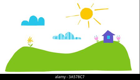 Schneiden Sie die kindliche Landschaft mit Haus und Himmel und Sonne und Blumen aus. Einfache, naive Formcollage Stock Vektor