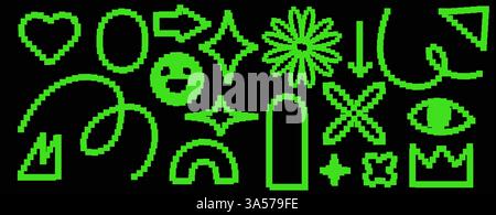 Satz von y2k-Pixelsymbolen. Spiel abstrakte Elemente. Trendiger Retro-Stil mit brutalem Design. Smile Face und moderne Collage Sticker und Pfeile. Vintage modern Stock Vektor