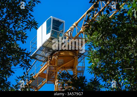 Turm des Baukrans sichtbar durch grünes Blatt gegen blauem Himmel. Stockfoto