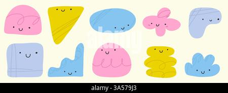 Abstrakte abgerundete Form mit Gesicht als niedliches Set mit Doodle-Zeichen. Lustige Symbole. Vektorelemente festgelegt Stock Vektor