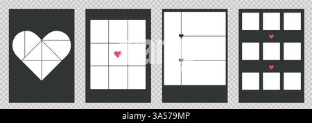 Satz von Collage-Poster-Vorlagen für Fotos. Vektordesigns mit Herzelementen und Gitter für Bilder. Einfaches, trendiges geometrisches Design. Stock Vektor
