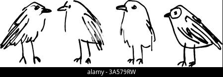 Eine Sammlung von vier einfachen, handgezeichneten Vogelillustrationen, jede mit unterschiedlichen Merkmalen und Haltungen, die einen verspielten und künstlerischen Stil zeigen. Stock Vektor
