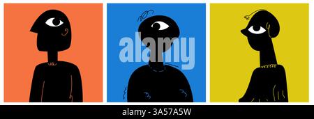 WEBA-Satz seltsamer quadratischer Avatare auf hellem Hintergrund. Moderne Illustration mit dynamischer Linie und großem Auge. Kontrastvektorbild. Stock Vektor