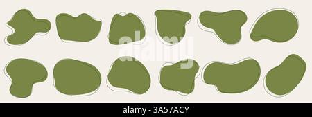 Ein Kit mit unregelmäßigen grünen Formen. Abstrakte Figurensammlung mit organischen Vektorrahmen. Einfache Illustrationen mit dünnen Linien Stock Vektor
