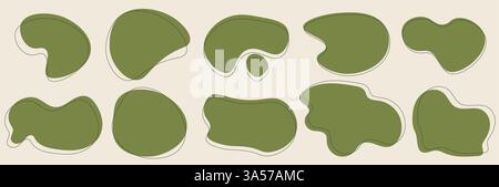 Ein Satz abstrakter, grüner, abgerundeter flüssiger Blob. Unregelmäßiges, zufälliges Fluiddesign Figuren abgerundete Elemente. Trendige Vektor-Illustration mit dünnen Linien Stock Vektor