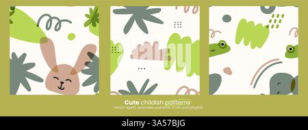 Set aus trendigen Kindermustern mit Tieren. Und natürliche Objekte. Leuchtende Farben mit Überlagerung. Zeichnen mit Marker oder Riso-Druck. Vektor Stock Vektor
