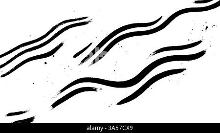 Abstrakte schwarze Pinselstriche auf weißem Hintergrund erzeugen ein fließendes Muster. Das Design ist mit Wellenlinien und Spritzern versehen, die ein Gefühl von erwecken Stock Vektor