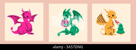 Ein Set mit 3 süßen Neujahrsdrachen. Quadratische Karten für soziale Medien. Zeitgenössische Vektor-Illustration. Stock Vektor