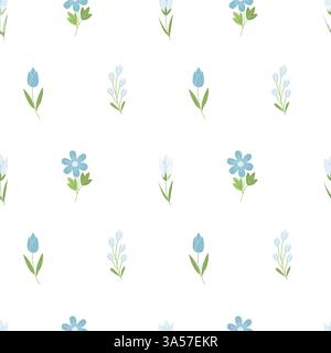 Süßes nahtloses Muster mit blauen Wildblumen. Handgezeichneter Hintergrund für Textilien, Umhüllung Stock Vektor