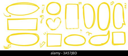 Satz gelber Markierungen. Stift-Markierung und Pinselstrich in Form von Ellipse und Herz- und Sprechblase. Unterstrichene Elemente des Vektors Stock Vektor