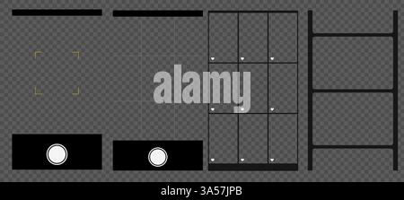 Smartphone-Kamera-Schnittstelle mit Foto und Galerie, Sucher und Fokus. Transparentes Modell mit Raster, Aufnahmetaste und digitalem 4K-Display. Stock Vektor
