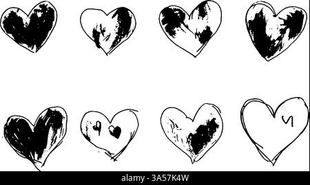 Eine Kollektion handgezeichneter Herzen in verschiedenen Stilen mit verschiedenen Mustern und Texturen. Die Herzen sind in Schwarz-weiß gehalten und zeigen künstlerische Darstellungen Stock Vektor