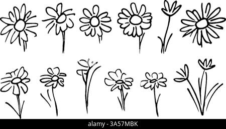 Eine Sammlung handgezeichneter Blumen in verschiedenen Stilen und Größen, die verschiedene Formen und Arrangements zeigen. Die Blumen haben einfache Umrisse und sind Stock Vektor