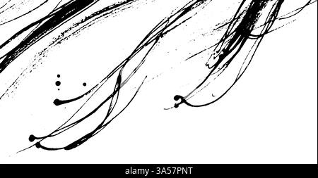 Ein abstraktes schwarzes Tintendesign mit fließenden Linien und Punkten auf weißem Hintergrund sorgt für ein Gefühl von Bewegung und Fließfähigkeit. Stock Vektor