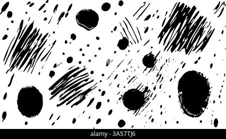 Eine Sammlung abstrakter Schwarz-weiß-Muster mit verschiedenen Formen, Linien und Punkten. Das Design umfasst Spritzer, Konturen und kreisförmige Formen Stock Vektor