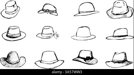 Eine Sammlung von zwölf handgezeichneten Hüten in verschiedenen Stilen, einschließlich breiter Krempe, Cowboy- und Sonnenhüte, die im Rasterformat angezeigt werden. Stock Vektor