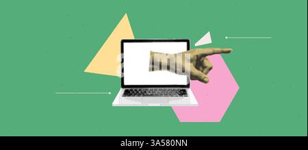 Abstraktes geometrisches Banner der Collage. Grüner Hintergrund mit gelben und rosafarbenen Formen. Mit Rasterelementen. Die Hand, die mit dem Notebook nach rechts zeigt Stock Vektor