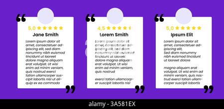 Set Aus Feedback-Box Für Soziale Medien. Vektorvorlage mit Sprechblasen, Anführungszeichen und Textrahmen. Kreatives Bannerdesign für Testimonials Stock Vektor