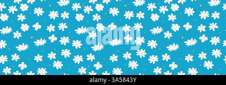 Trendiges Muster mit naiven Farben. Nahtloser Bannerhintergrund mit unregelmäßigen Gänseblümchen. Zeitgenössische Vektor-Illustration. In Blau und Gelb und weiß Stock Vektor