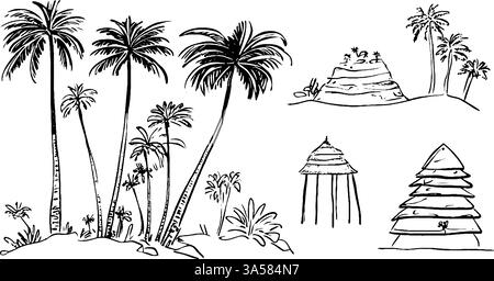 Eine Sammlung handgezeichneter tropischer Elemente, darunter Palmen, Felsformationen und Hütten. Das Design zeigt verschiedene Palmenstile, A Stock Vektor