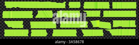 Ein Satz säuregrüner Stücke zerrissenes Scotch Tape. Trendige Elemente für Designs mit realistischer Textur. Vektorabbildungen auf transparentem Hintergrund Stock Vektor