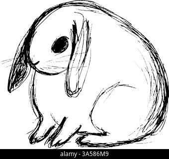 Eine einfache, handgezeichnete Skizze eines Hasen, der sich hinsetzt. Das Kaninchen hat lange Ohren, einen runden Körper und einen süßen Ausdruck. Die Linien sind rau und künstlerisch Stock Vektor