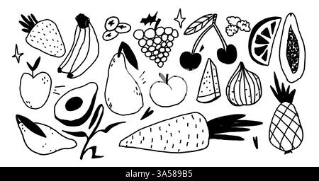 Set aus schwarzen und weißen Früchten. Marker- oder Stiftstruktur. Trendige gezackte Illustrationen. Kindliches naives Tattoo. Vektor-Scribble handgezeichnete Symbole. Stock Vektor