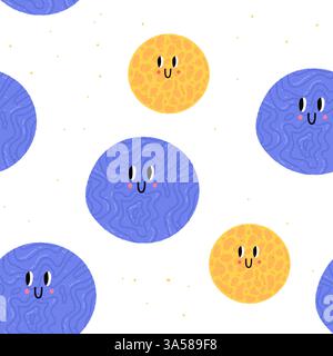 Nahtlose Textur in Cartoon. Weißer Hintergrund. Kritzele Ellings mit lustigen Gesichtern. Kindliches Muster für Kinder. Stock Vektor