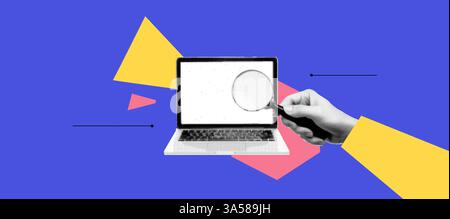 Geometrische abstrakte bg mit Rasterkollageelementen. Halten Sie die Lupe mit der Hand, und suchen Sie auf dem Laptop-Bildschirm. App Cover Mockup. Auffällig und hell Stock Vektor