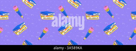 Ein modernes, nahtloses Muster mit Back-to-School-Thema. Lila Hintergrund mit Kritzeleien, Bleistift und Büchern. Trendige Vektorillustration. Banner Stock Vektor