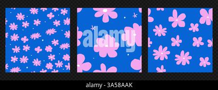 Trendige Muster-Kollektion mit naiven Farben. Nahtloser Bannerhintergrund mit unregelmäßigen Gänseblümchen. Zeitgenössische Vektor-Illustration. Stock Vektor