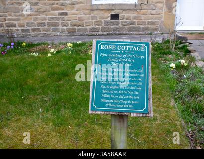 Eham, Chesterfield, Vereinigtes Königreich - 21. März 2025 - Ein grünes Schild mit einem Gedicht auf einem grasbewachsenen Gebiet. Das Ableben von Mitgliedern aus dem schwarzen Tod. Stockfoto