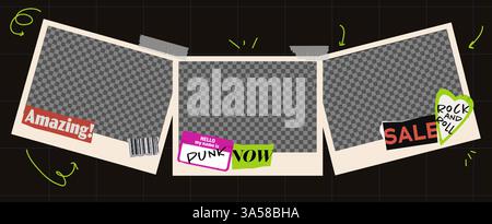 Vektorvorlage der Bilderrahmen-Collage. Transparentes Banner mit Grunge- und Punkaufklebern für Scrapbook-Design Stock Vektor