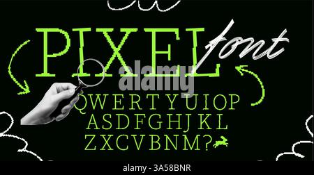 Pixelschriftart und Tastatur im 8-Bit-grünen Stil. Retro-Alphabet und Text für Arcade-Spiele, Vektortypografie, Techno-Design, quadratische Grafiken, 80er Jahre Stock Vektor