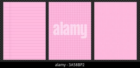 Rosafarbenes Notizbuch-Papier mit karierten Rasterlinien, perfekt für den Einsatz in der Schule oder im Büro. Leeres Blatt für Notizen, Tagebücher oder Planer. Stock Vektor