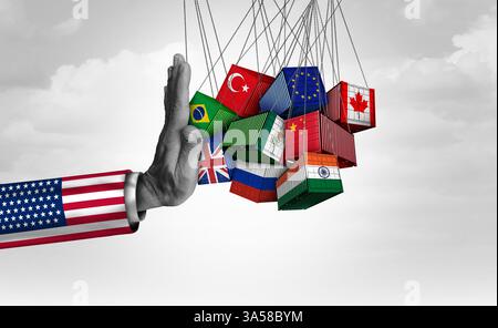 US-Handelshemmnisse wie amerikanischer wirtschaftlicher Protektionismus und rade Isolation oder protektionistische Politik der US-Regierung als Importsteuern oder Zölle in Imp Stockfoto