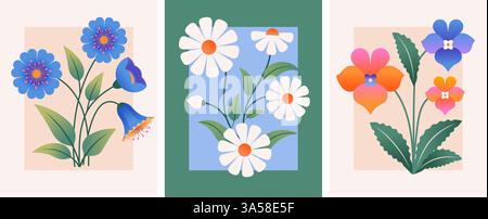 Vintage-Set mit botanischem Blumenmuster und weicher Farbpalette Stock Vektor