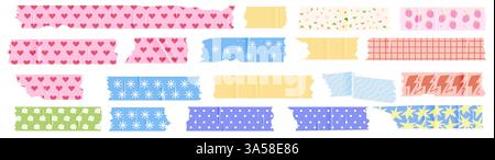 Ein Set niedlicher Stücke zerrissenes Scotch Tape mit bunten Drucken. Trendige Scrapbooking-Elemente mit realistischer Textur. Vektorabbildungen Stock Vektor