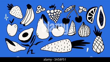Set mit Kritzelfrüchten im trendigen handgezeichneten Stil mit gezacktem Kurvenstift. Skizziert blauen Hintergrund und Schwarzweiß isoliert Stock Vektor