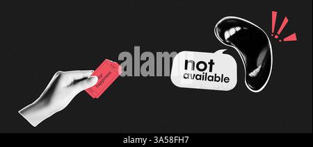 Vektorcollage mit einem Teenager-Druck. Halbton-Stil, Hand mit Ticket, Mund mit Streichhölzer. Auf schwarzem Hintergrund. Punk-Illustration. Stock Vektor