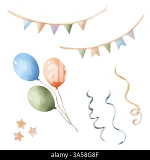 Ballons, Sterne, Girlanden, Fahnen, Luftschlangen. Set mit Aquarellelementen für Feiertage zum Geburtstag, Weihnachten und anderen Feiertagen auf weißem Hintergrund. Handgezeichnet Stockfoto