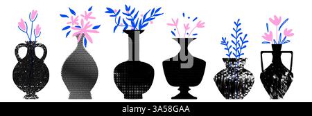 Ein Set aus trendigen Keramikvasen mit Rasterfarben mit Doodles Blumen und Blättern. Grunge Hintergrund mit Punkten. Zeitgenössische Vektor-Illustration Stock Vektor