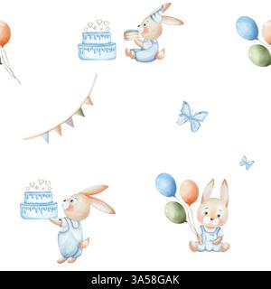 Nahtloses Aquarellmuster für Kindergeburtstage. Mit einem süßen Häschen, Kuchen, Schmetterling, Girlanden und Ballons. Zum Bedrucken, Einwickeln von Papier, Scrapbooking, Textilien. Illustration zu Feiertagen. Stockfoto