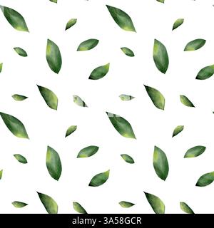 Nahtloses Aquarellmuster mit grünen Zweigen mit Blättern. Botanische Illustration, isoliert auf weißem Hintergrund. Für Textil, Druck, Tischdecke, Einladungen, Vorhänge Stockfoto