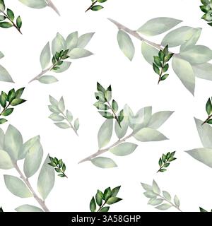 Nahtloses Aquarellmuster mit grünen Zweigen mit Blättern. Botanische Illustration, isoliert auf weißem Hintergrund. Für Textil, Druck, Tischdecke, Einladungen, Vorhänge Stockfoto