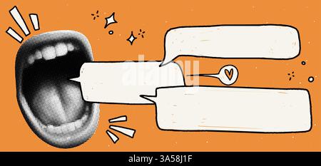 . Kreatives Collage-Banner mit schreiendem Mund und Sprechballon. Halbtonstruktur und Retro Grunge Stil Vektor. Stock Vektor