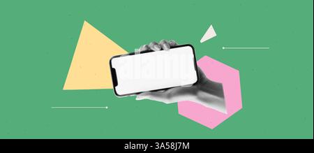 Geometrische abstrakte bg mit Rasterkollageelementen. Handheld-Telefon mit leerem Bildschirm. App Cover Mockup. Auffälliges und helles Popart-Banner. Vektor Stock Vektor