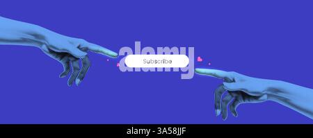 Hände greifen nach der Schaltfläche „Abonnieren“. Im Stil eines Renaissance-Gemäldes. Blaues Vektorbanner mit weißem Element. Vorlage für Kanalwerbung oder Cover Stock Vektor