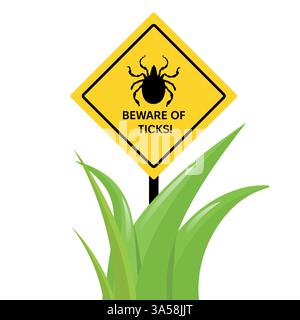 Ein Warnschild, das vor Milben warnt. Gelbes Schild mit Zeckensilhouette und Warntext. Stock Vektor